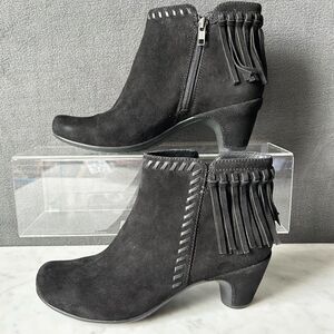 Earthies Zurich Black Suede Leather Booties Fringed Western - Women's Size 9